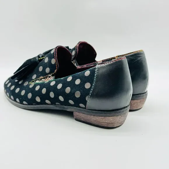 L'Artiste Shoes Womens 38 US 7.5 8 Black Gold Polka Dot Loafers Tassel Heels - Picture 6 of 13